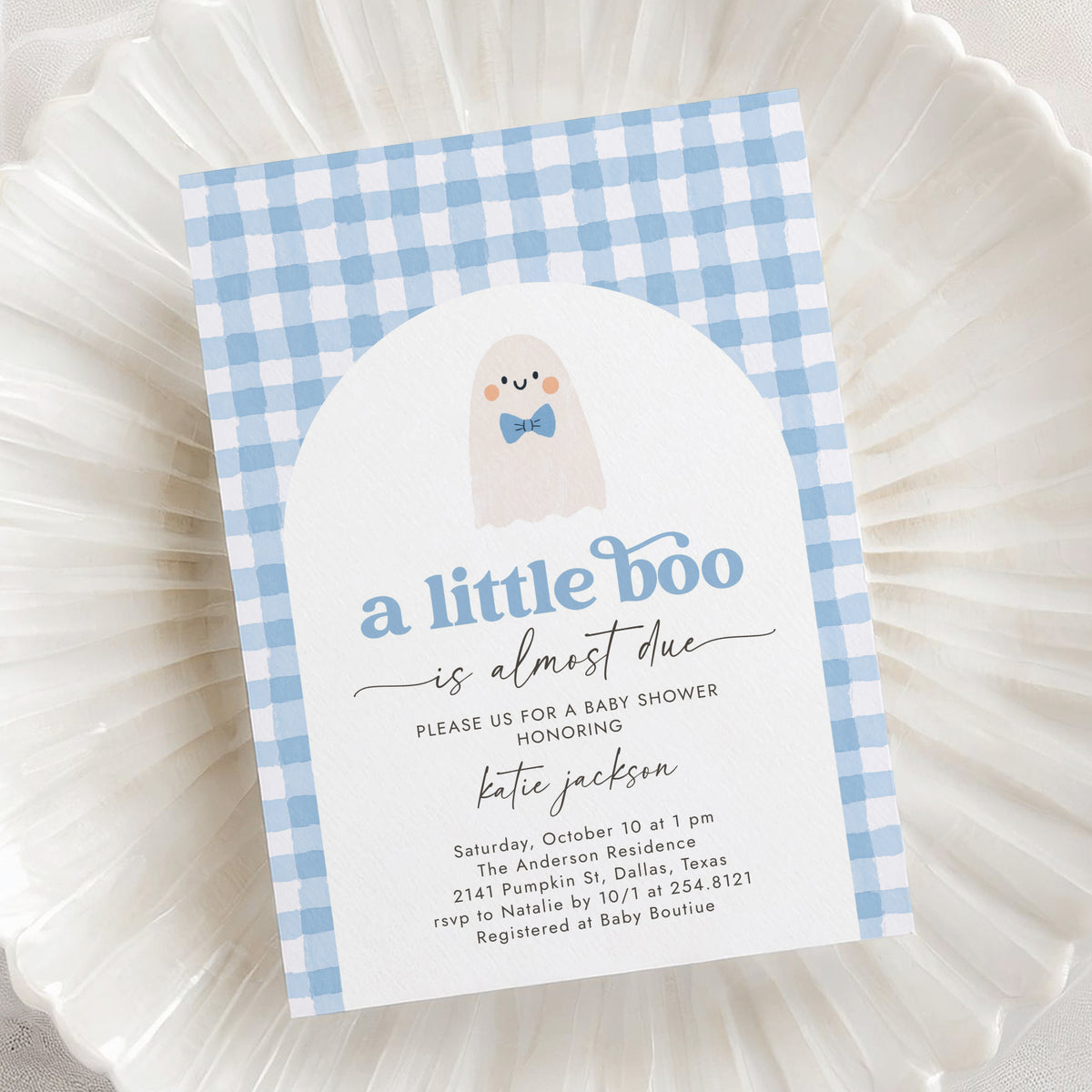 Little Boo Blue Gingham Baby Shower Invitation