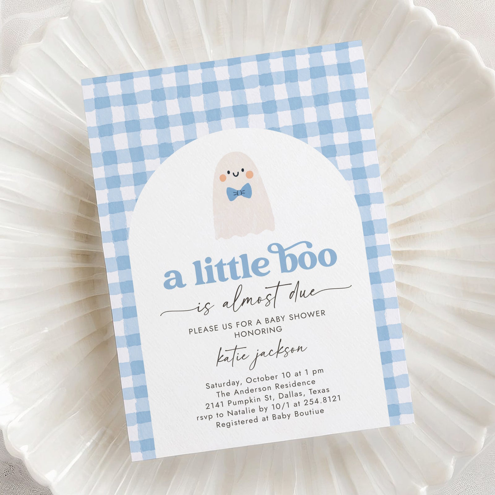 Little Boo Blue Gingham Baby Shower Invitation