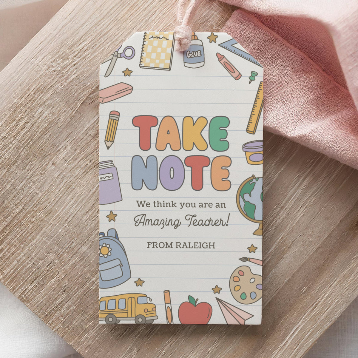 Take Note Retro School Supplies Teacher Appreciation Tag Template