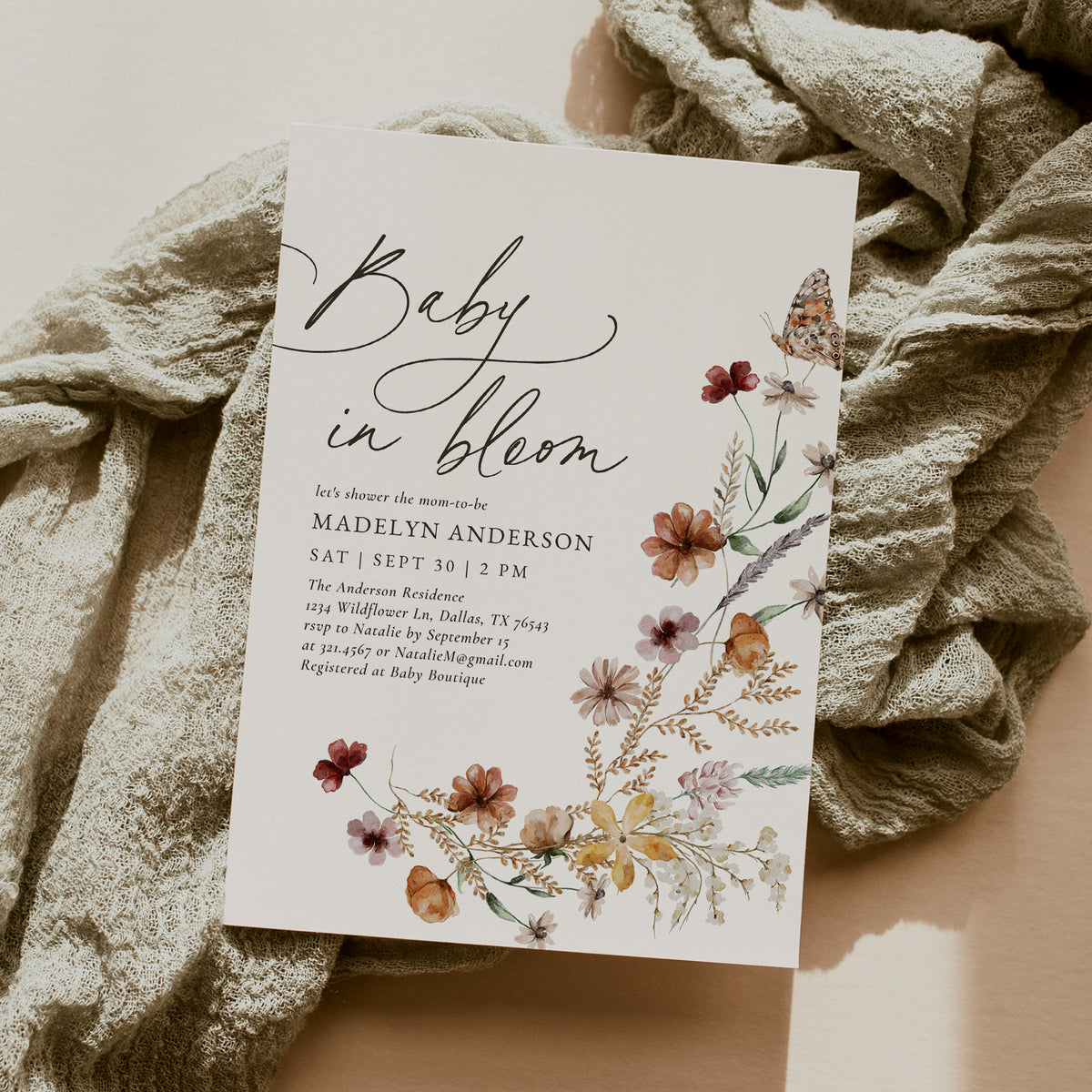 Boho Wildflower Baby Shower Invitation (Baby in Bloom)