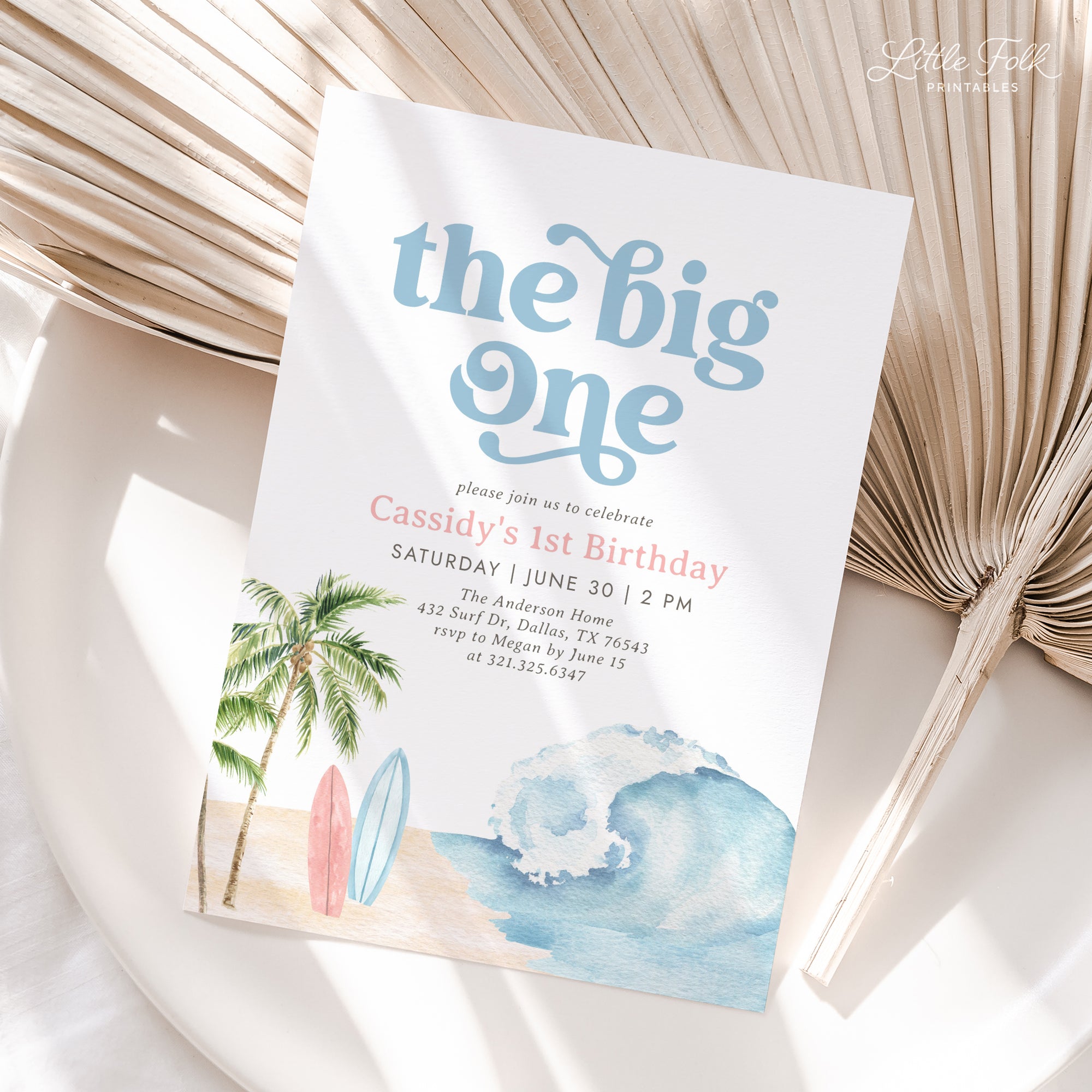 The Big One Pink Surf Birthday Invitation Template