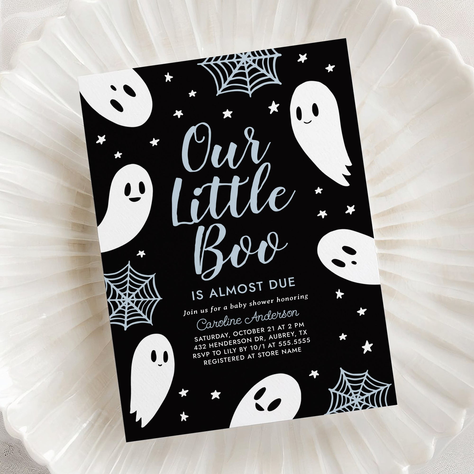 A Little Boo is Almost Due Baby Shower Invitation Template (Black & Blue)