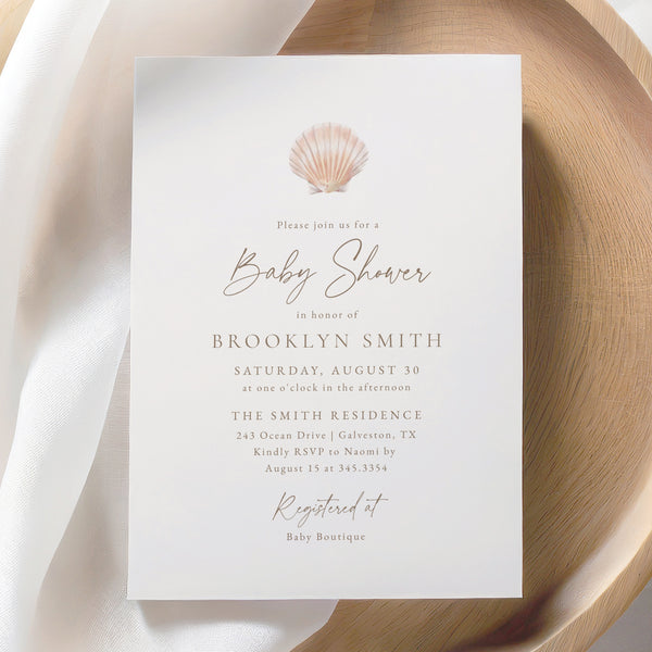 Minimalist Sea Shell Baby Shower Invitation - Little Folk Printables