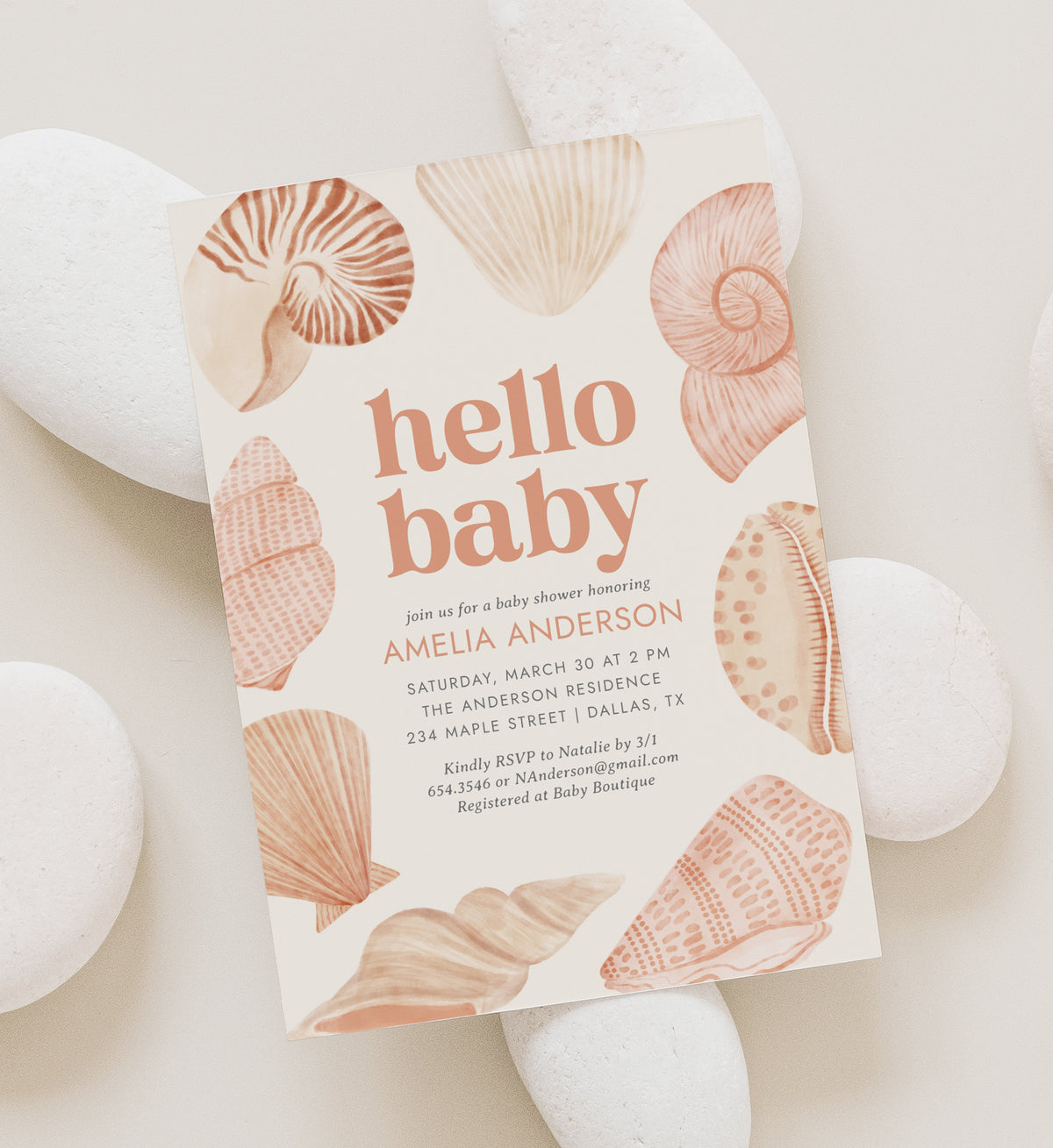 Hello Baby Sea Shell Baby Shower Invitation