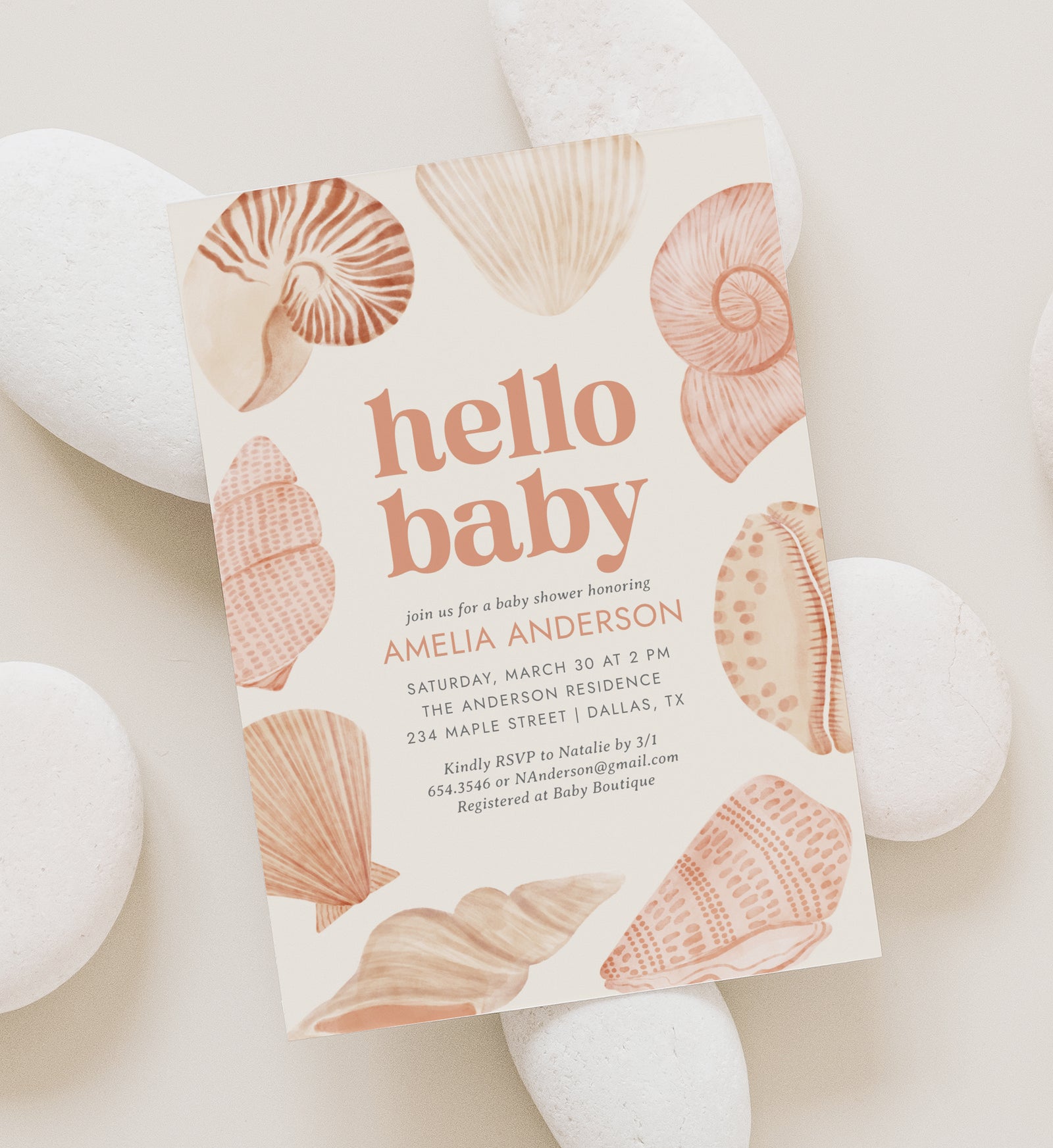 Hello Baby Sea Shell Baby Shower Invitation