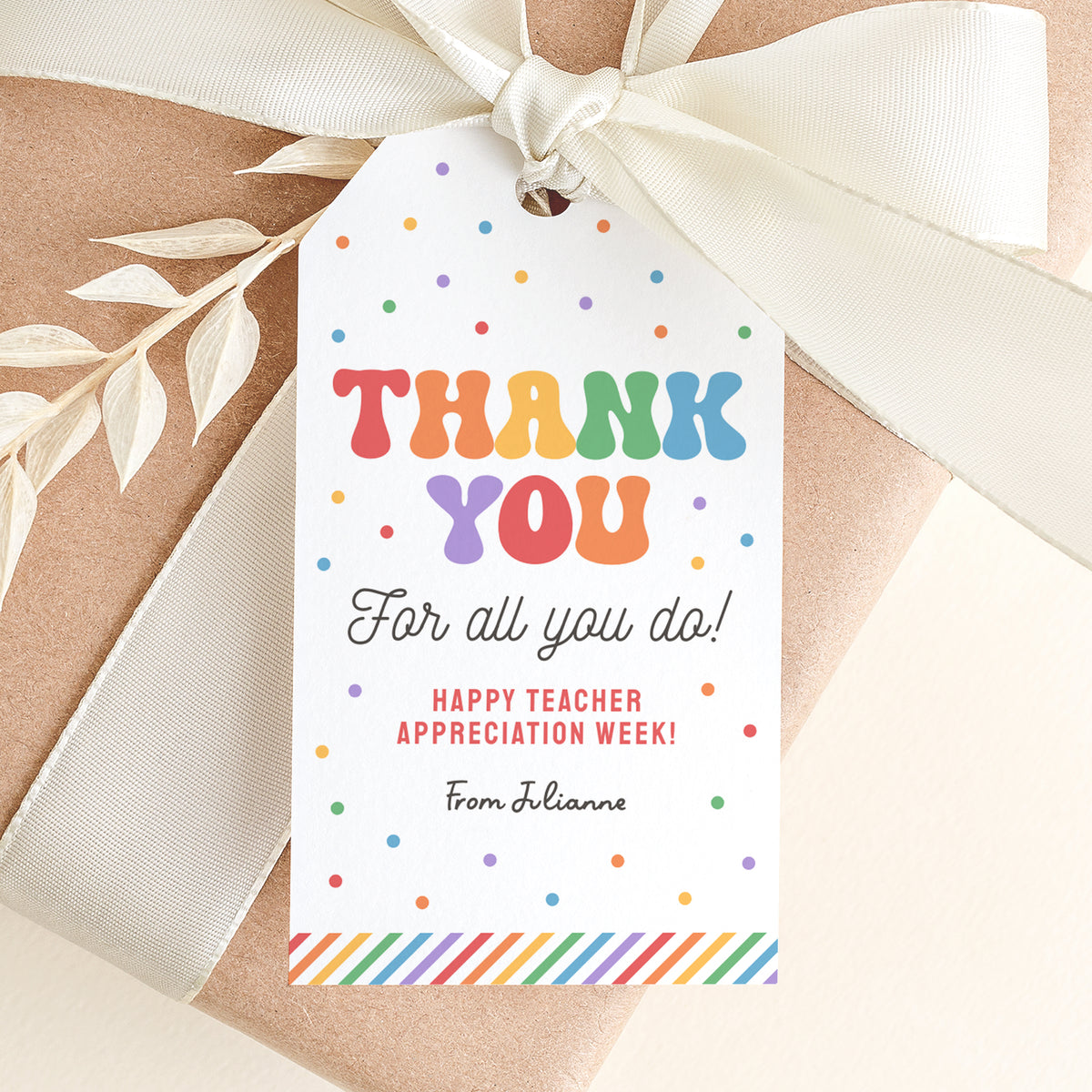 Rainbow Stripe Rectangle Teacher Appreciation Tag Template