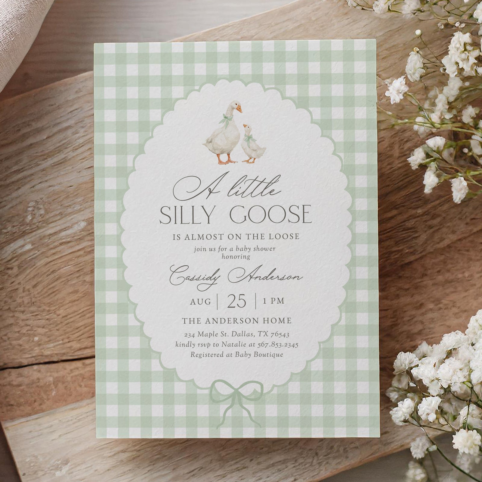 Sage Green Gingham Goose Baby Shower Invitation