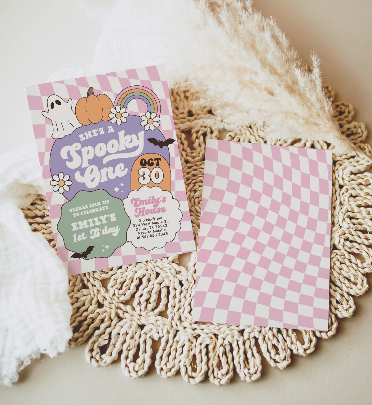 Pink Retro Checker Spooky One Halloween Birthday Invitation