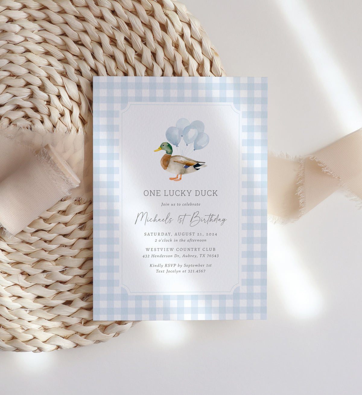 Blue Gingham Duck Birthday Invitation