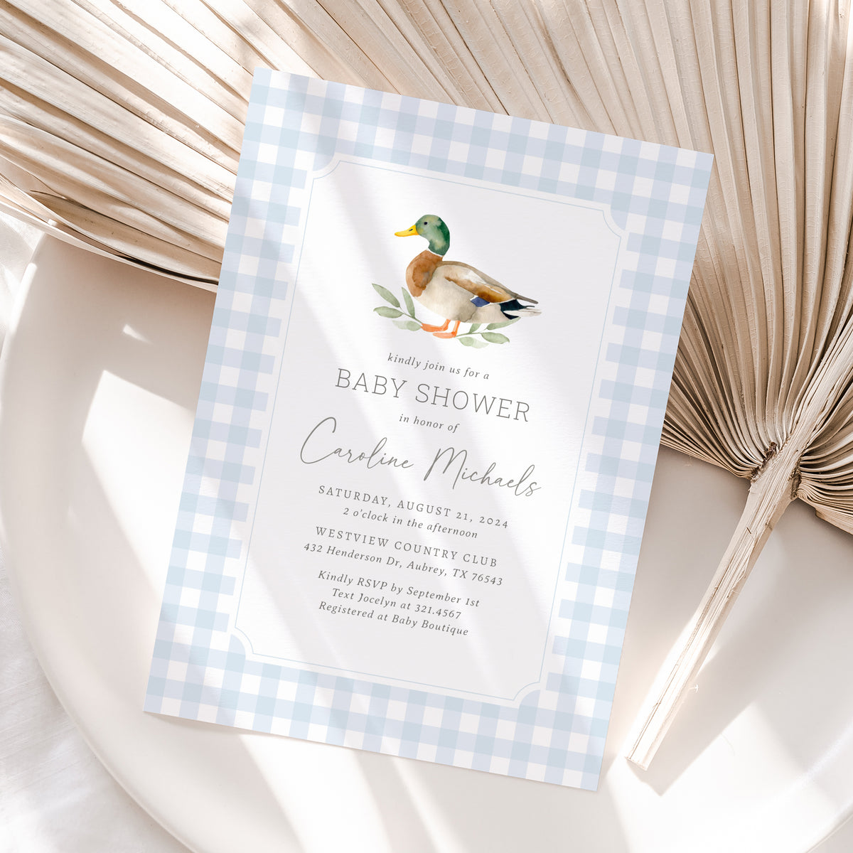 Blue Gingham Duck Baby Shower Invitation