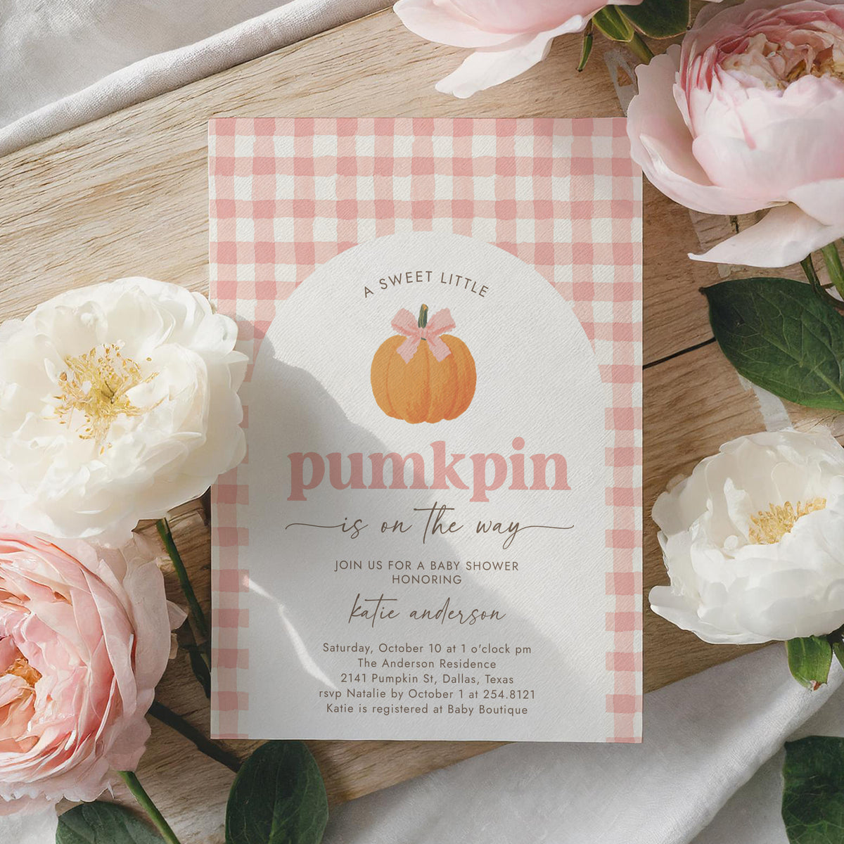 Pink Gingham Pumpkin Baby Shower Invitation