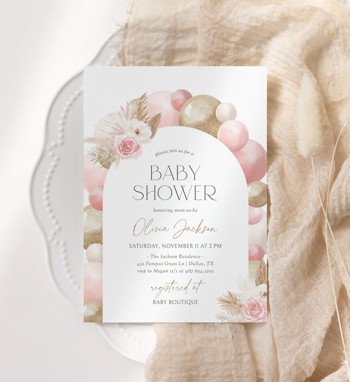 Pink Balloon Arch Baby Shower Invitation