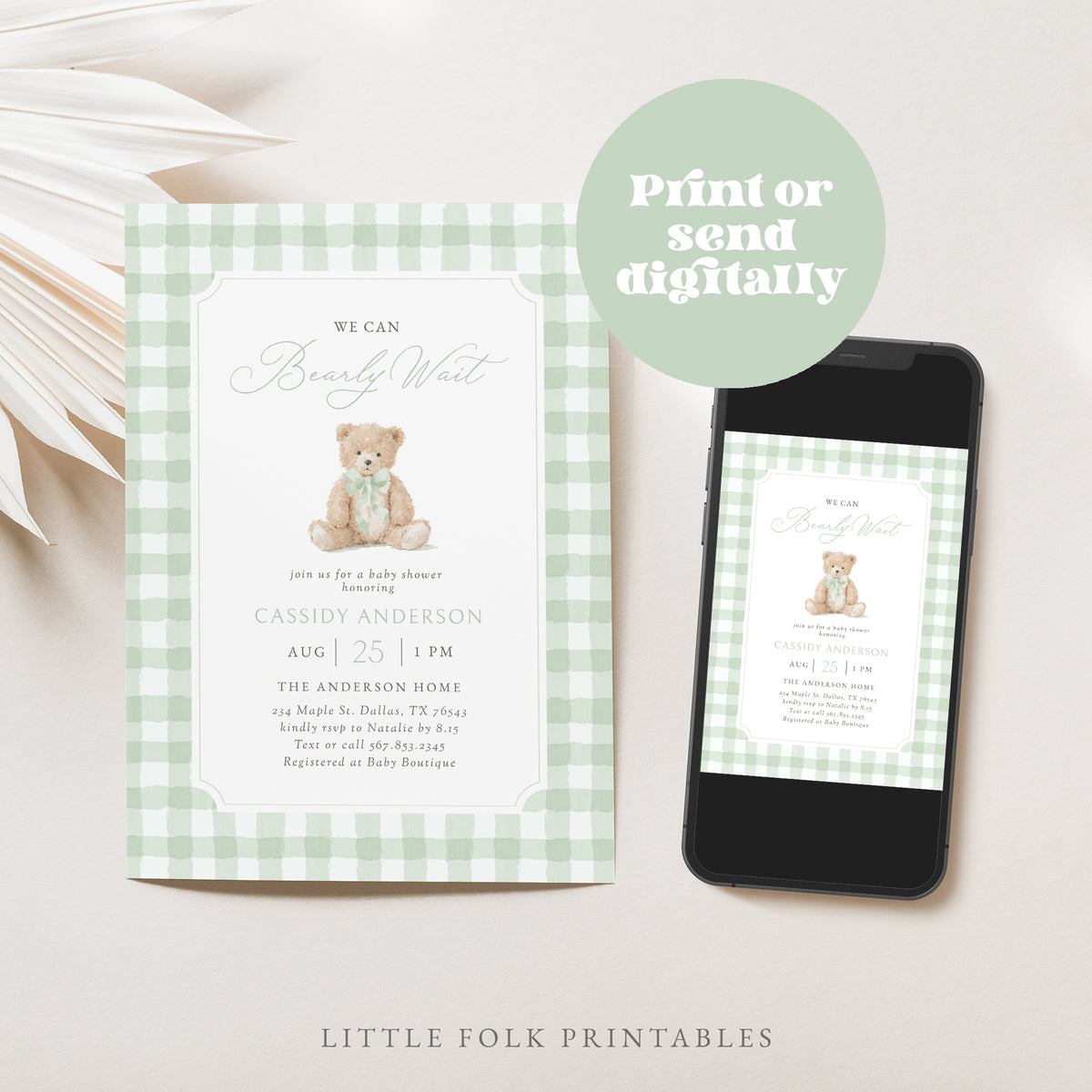 Sage Green Gingham Teddy Bear Baby Shower Invitation