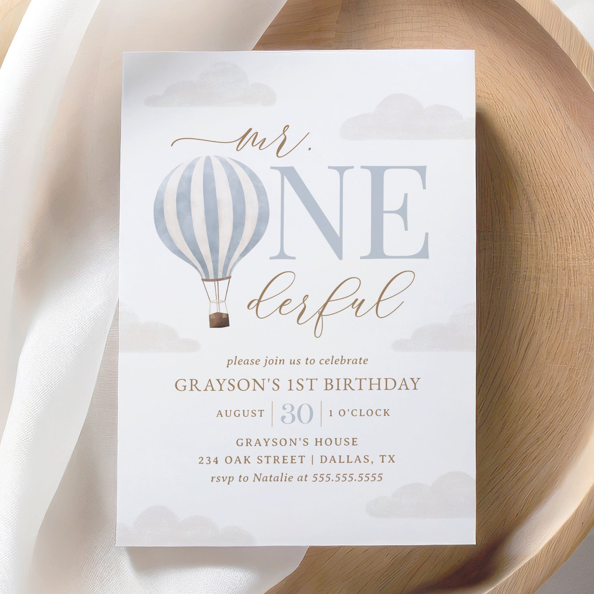 Editable Mr. Onederful Blue Hot Air Balloon Birthday Party Invitation Template