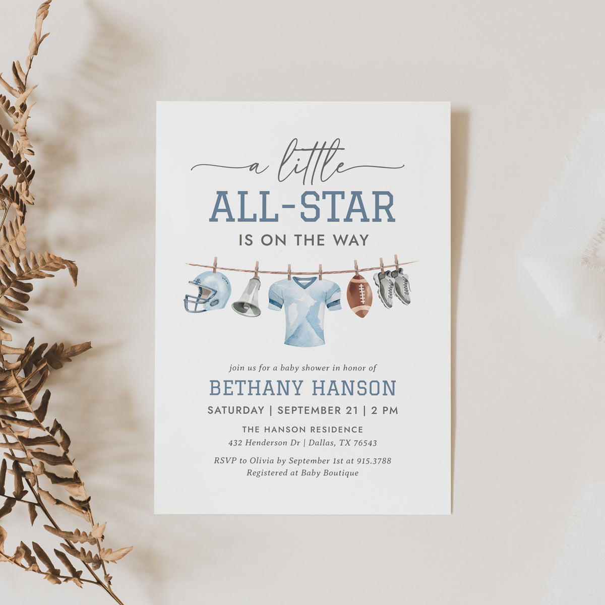 Editable Football Clothesline Baby Shower Invitation Template