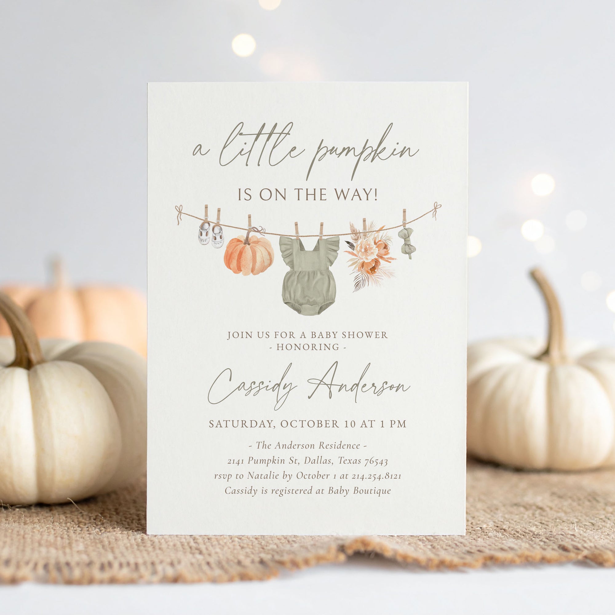 Little Pumpkin Clothesline Girl Baby Shower Invitation