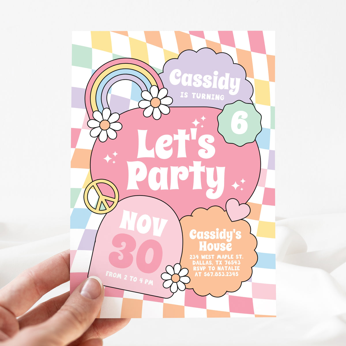 Groovy Pastel Rainbow Checker Birthday Invitation