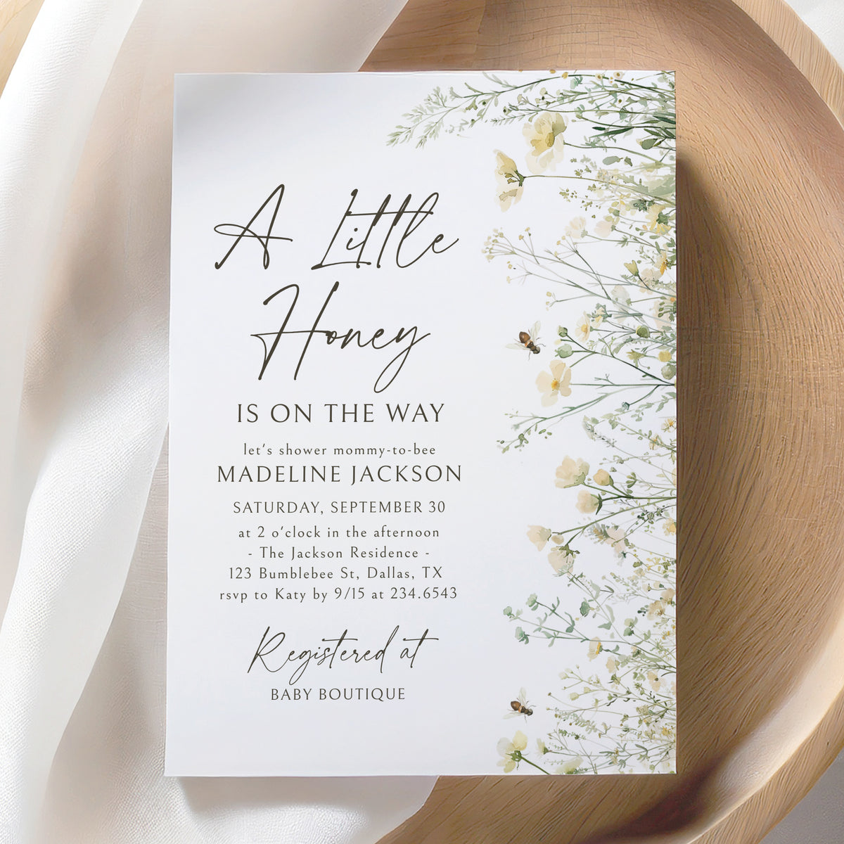 Bee Baby Shower Invitation Template (Little Honey)