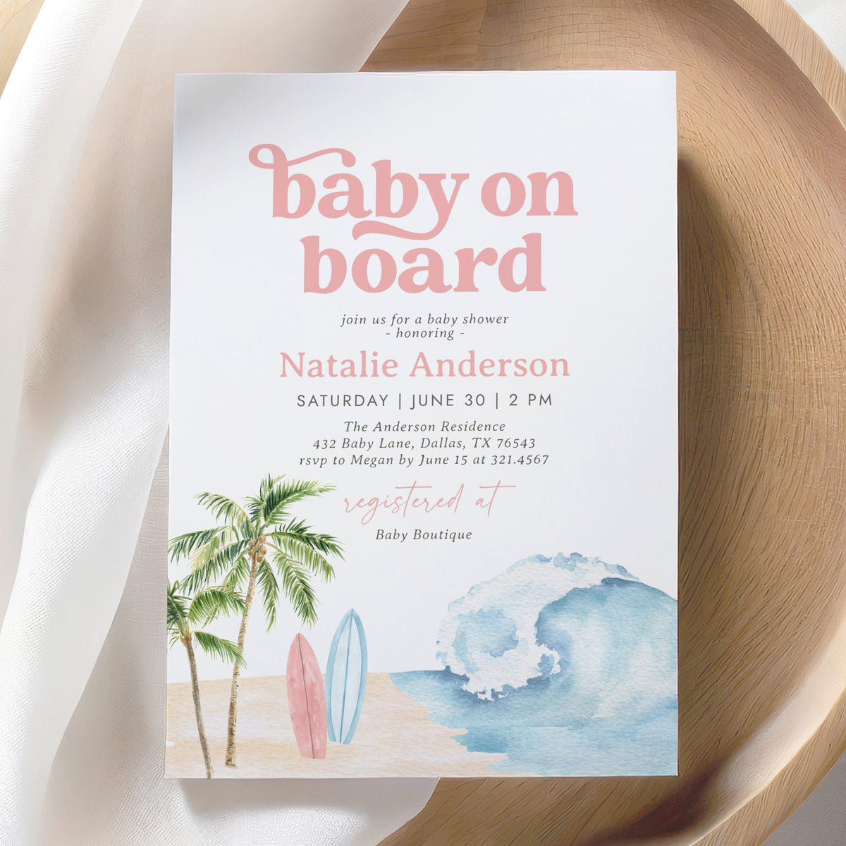 Baby on Board Pink Surf Baby Shower Invitation