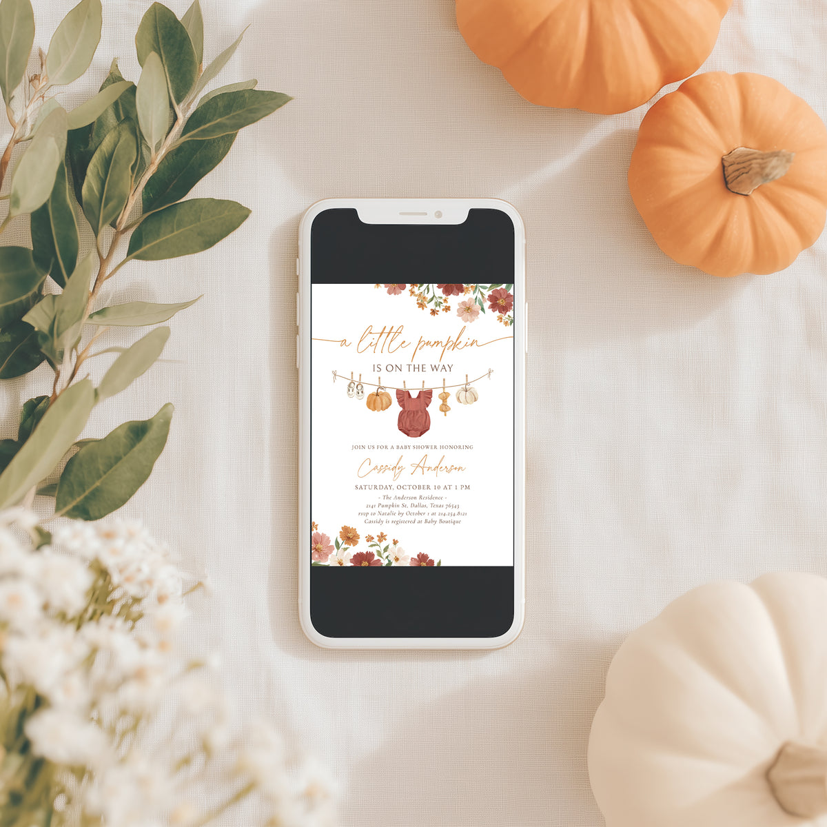 Burgundy Floral Little Pumpkin Baby Shower Invitation