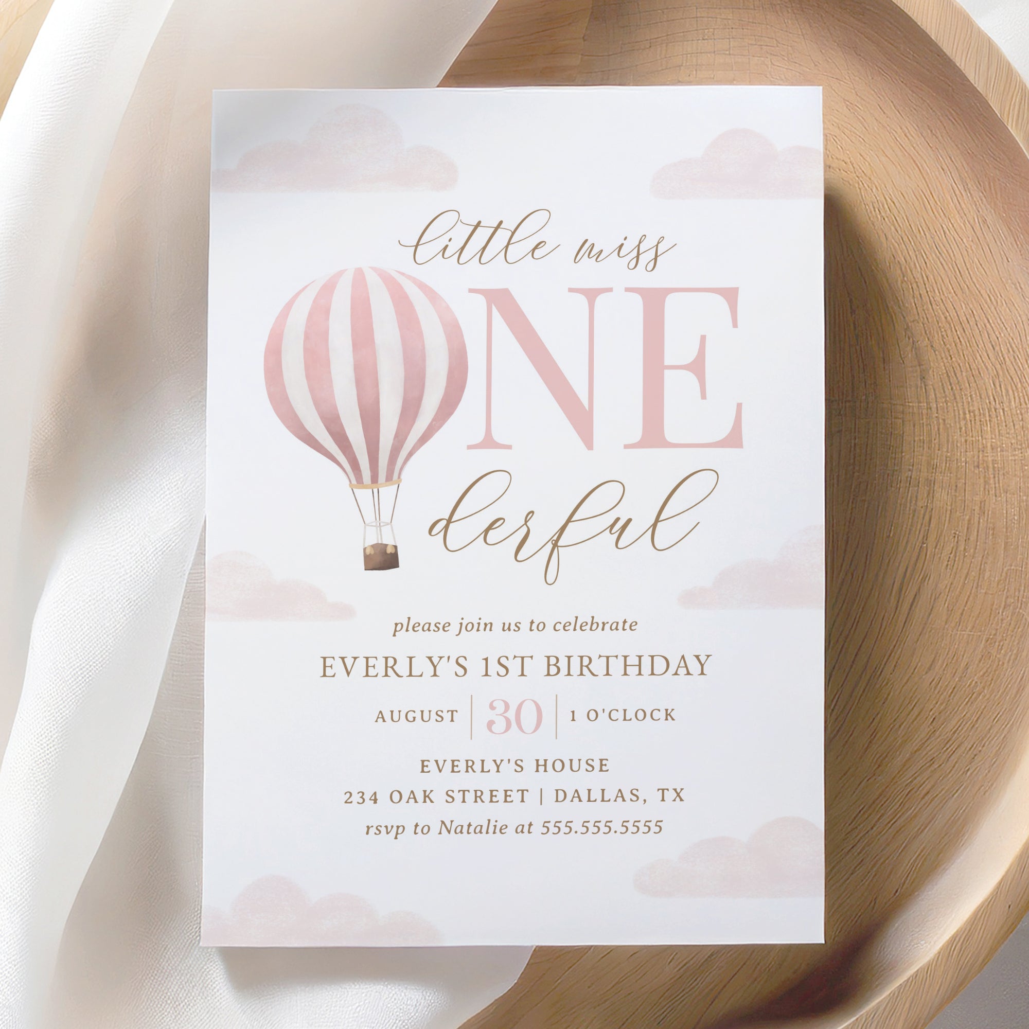 Editable Little Miss Onederful Hot Air Balloon Birthday Invitation