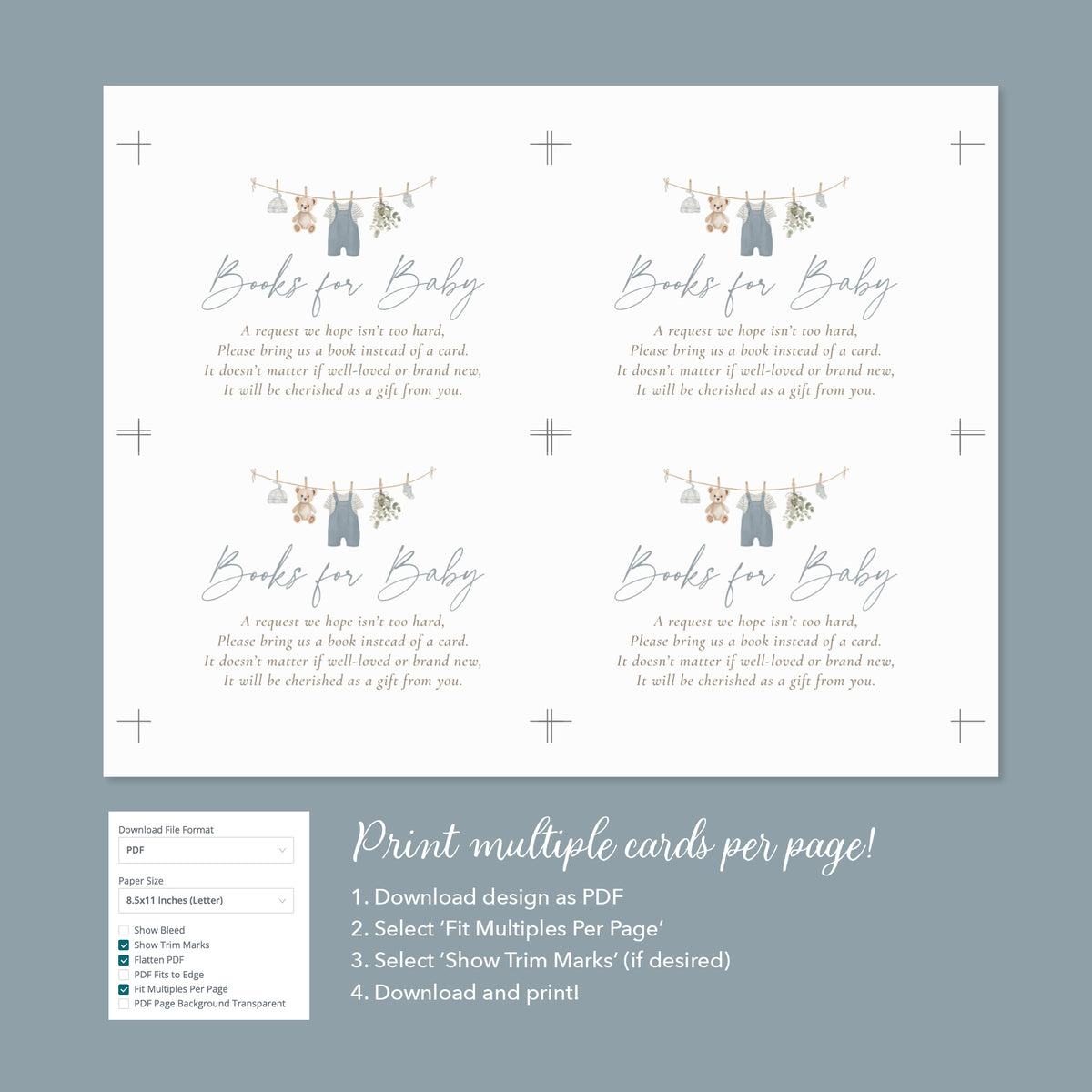 Blue Overalls Clothesline Baby Shower Books for Baby Card