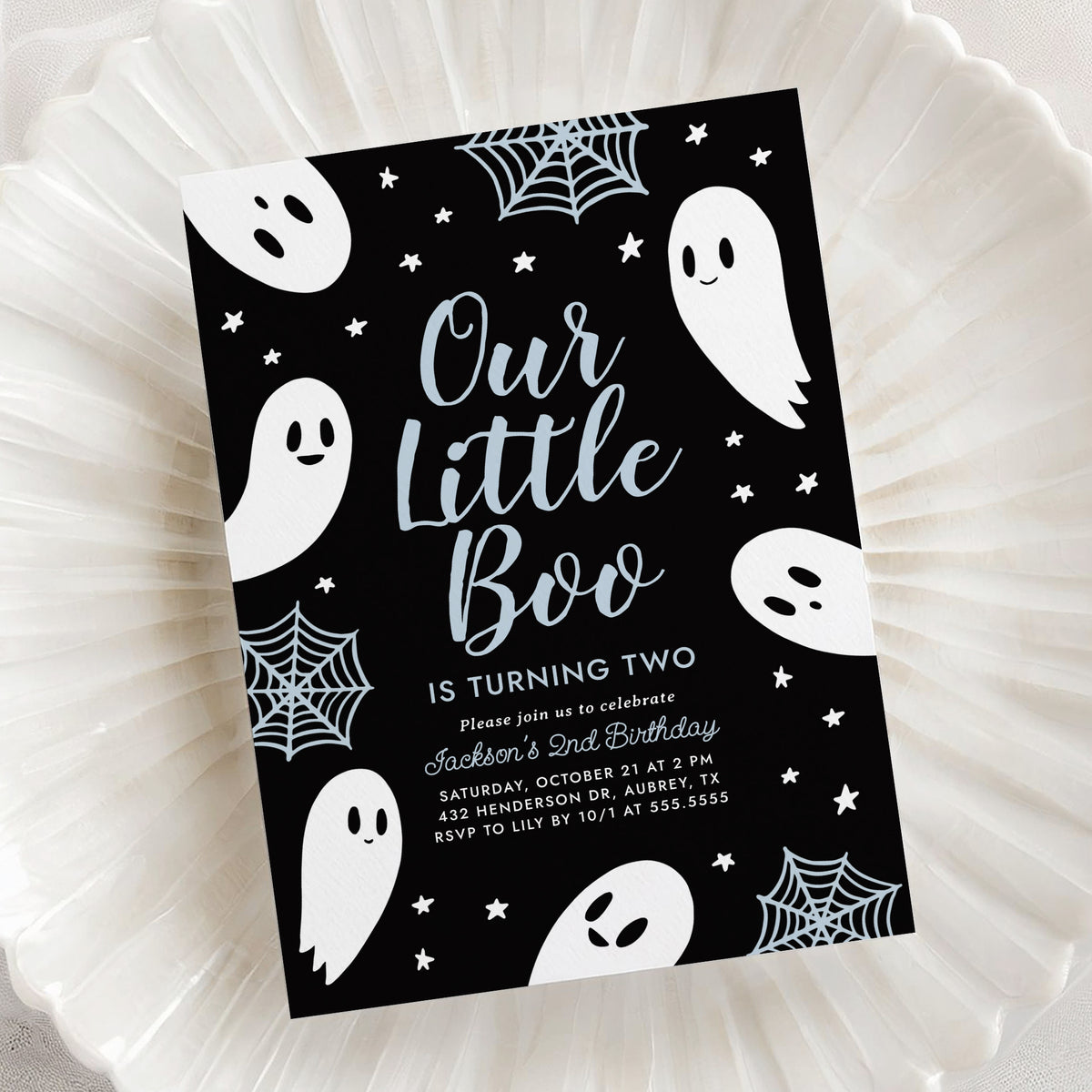Little Boo Birthday Party Invitation Template (Black &amp; Blue)