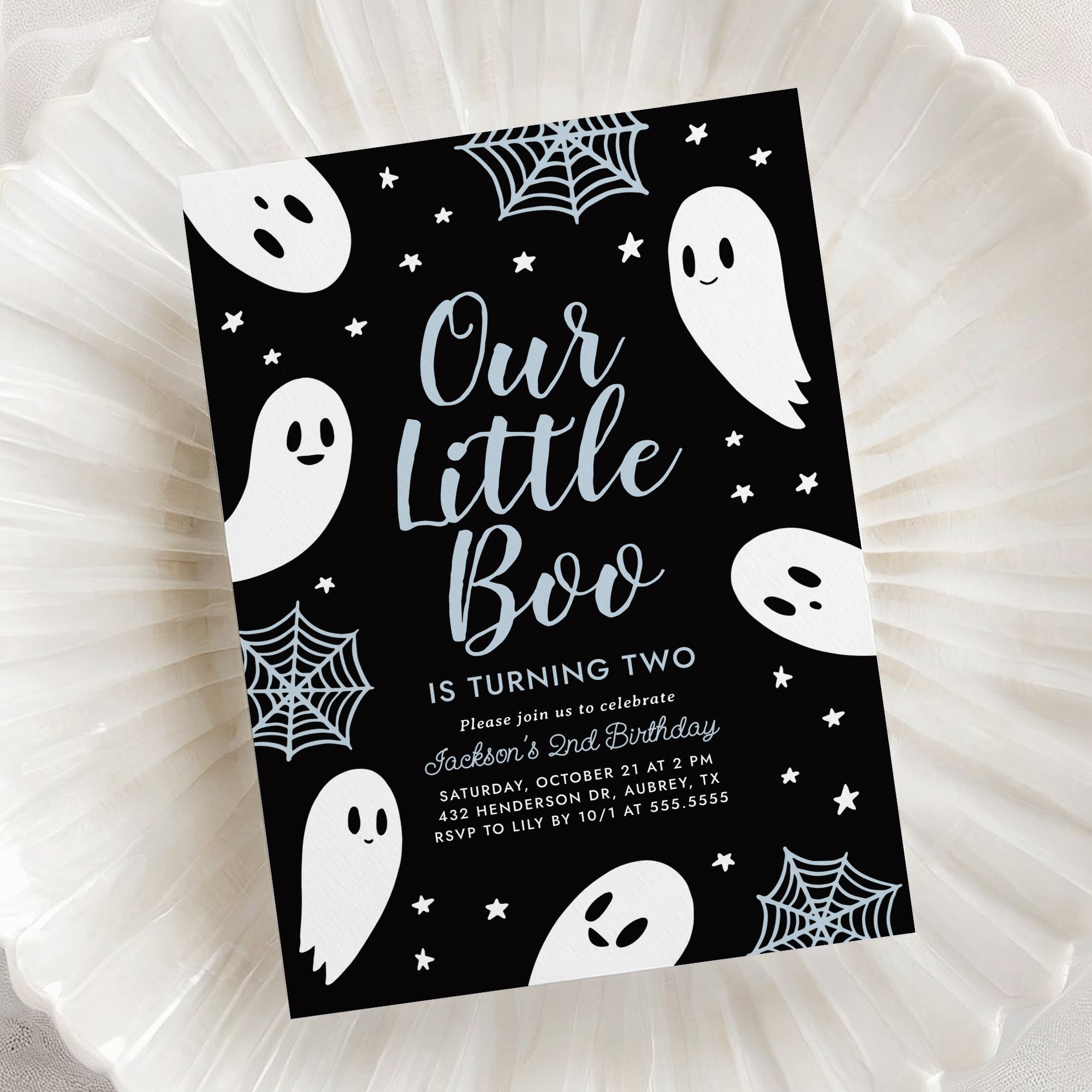 Little Boo Birthday Party Invitation Template (Black & Blue)