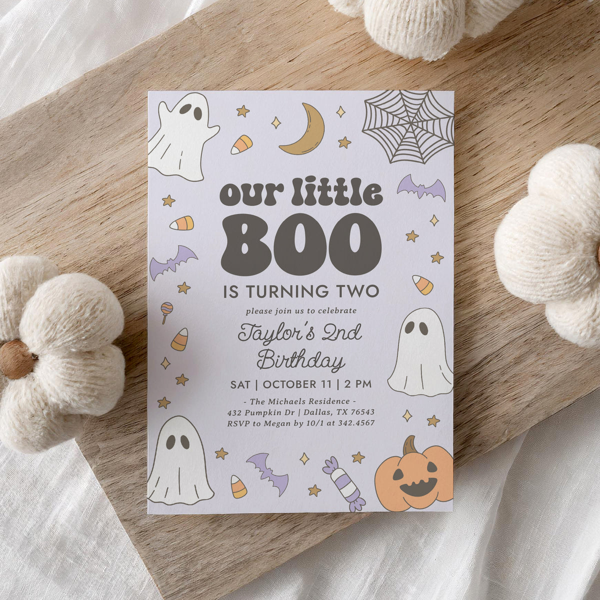 Little Boo Retro Birthday Invitation Template (Purple)