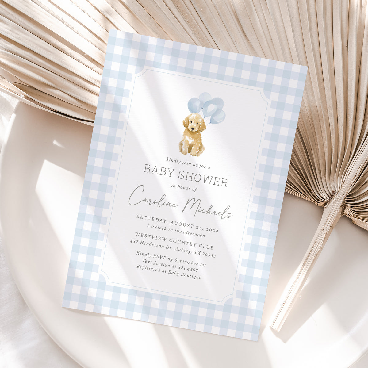 Blue Gingham Golden Doodle Baby Shower Invitation