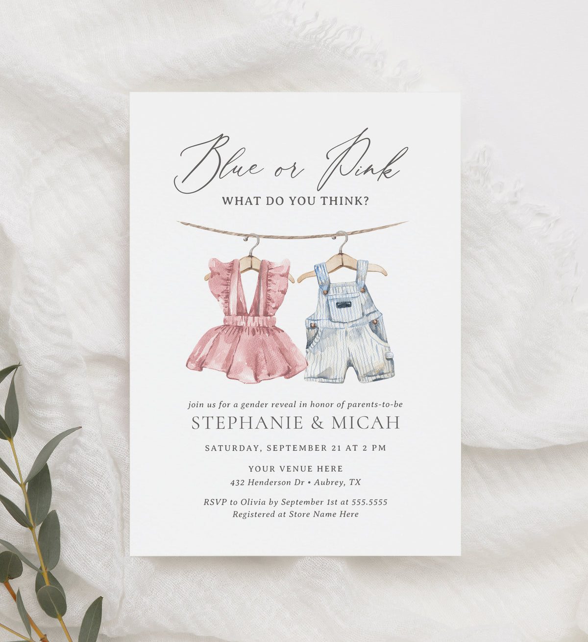 Editable Pink and Blue Baby Clothes Gender Reveal Invitation Template v2