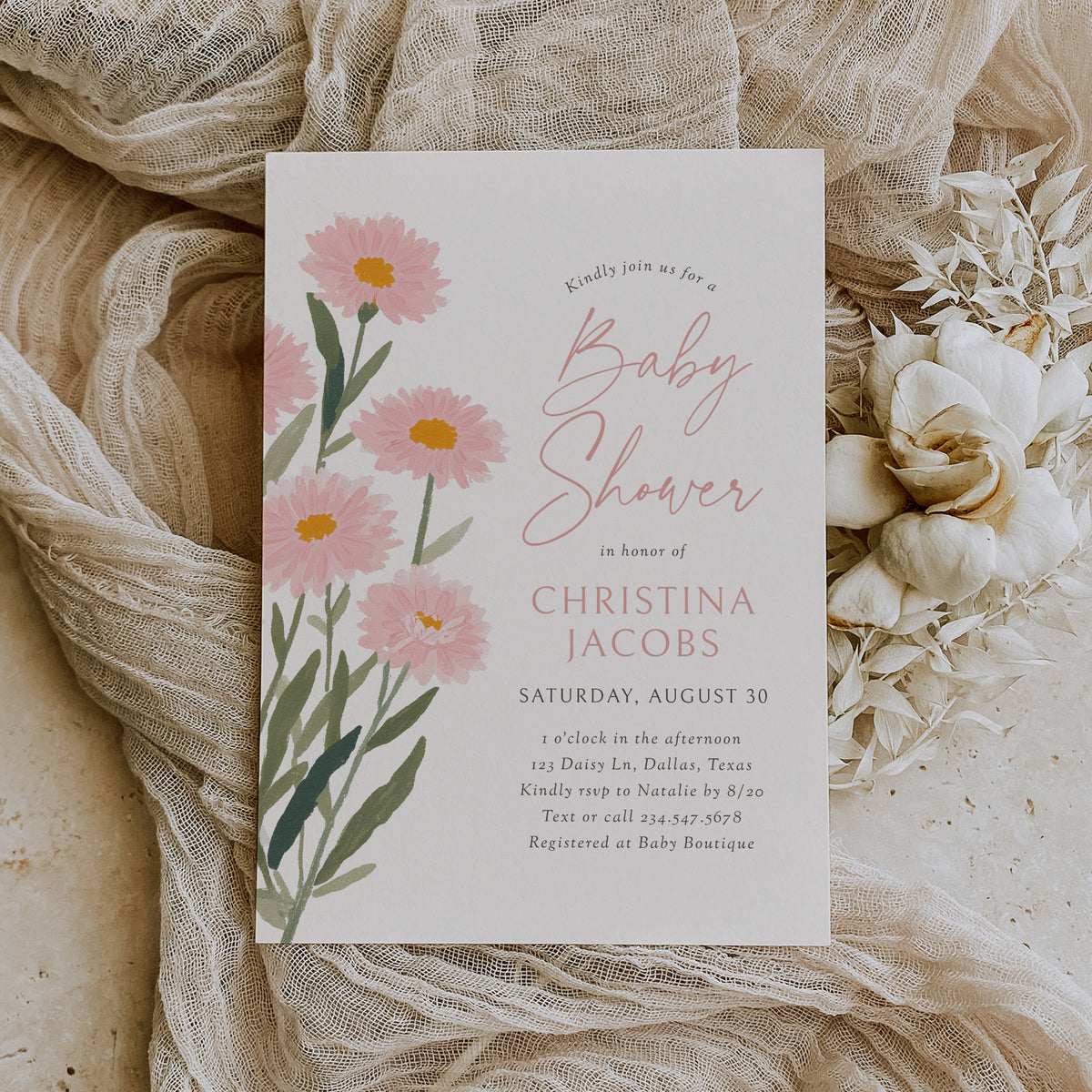 Pink Daisy Baby Shower Invitation Template