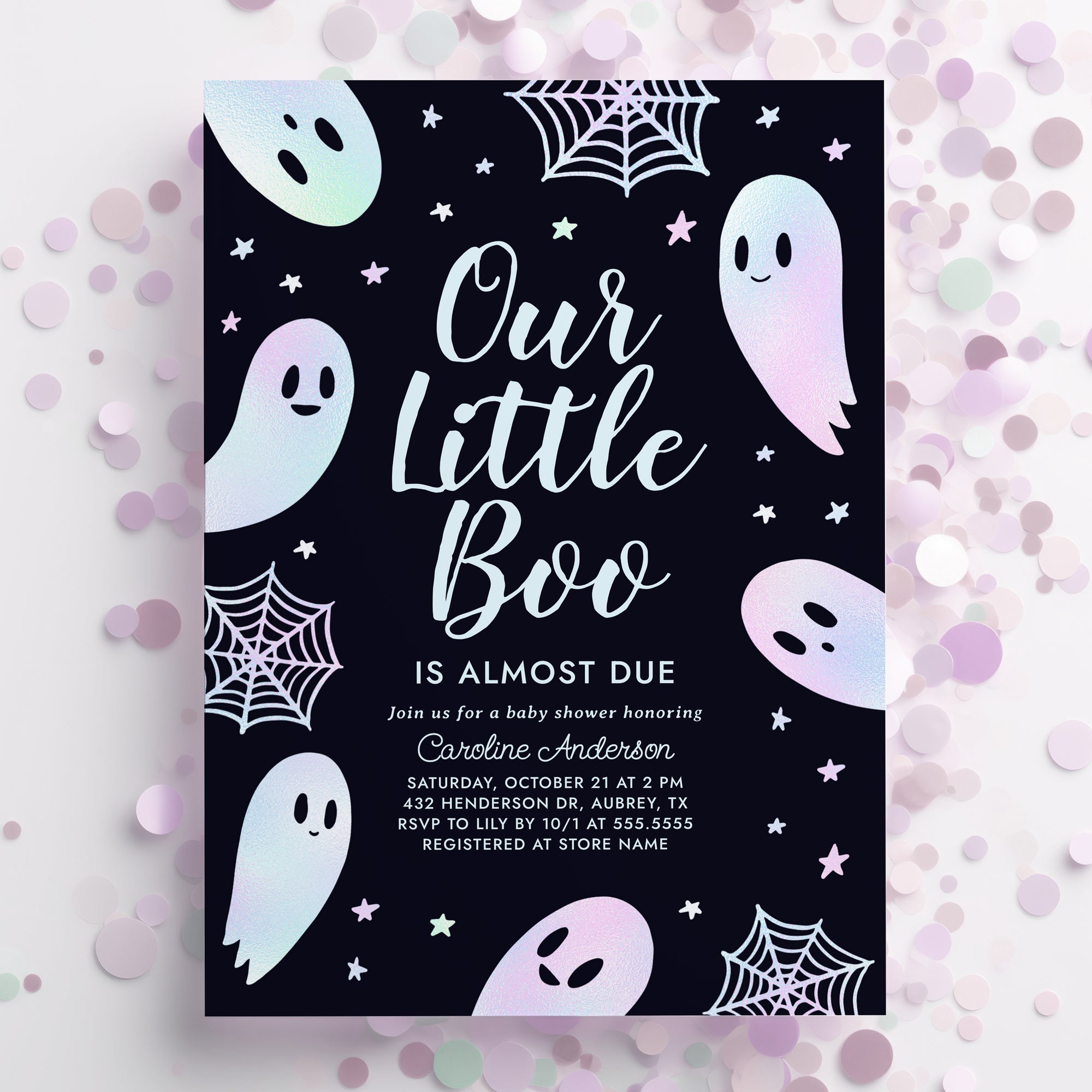 A Little Boo is Almost Due Baby Shower Invitation Template (Iridescent)