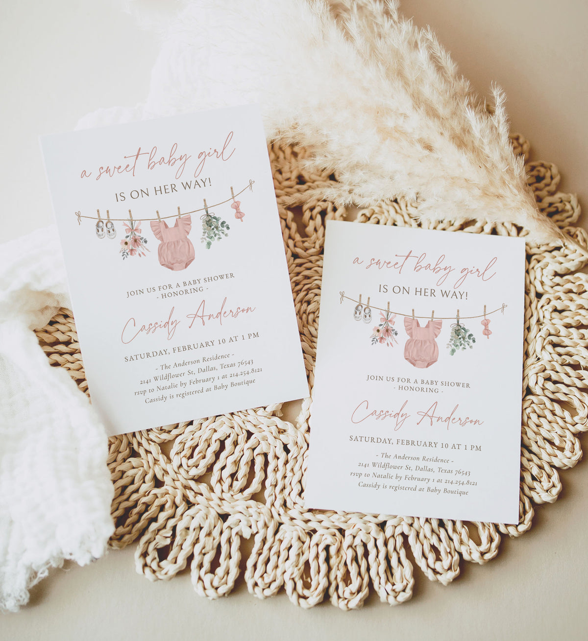 Pink Wildflower Clothesline Baby Shower Invitation
