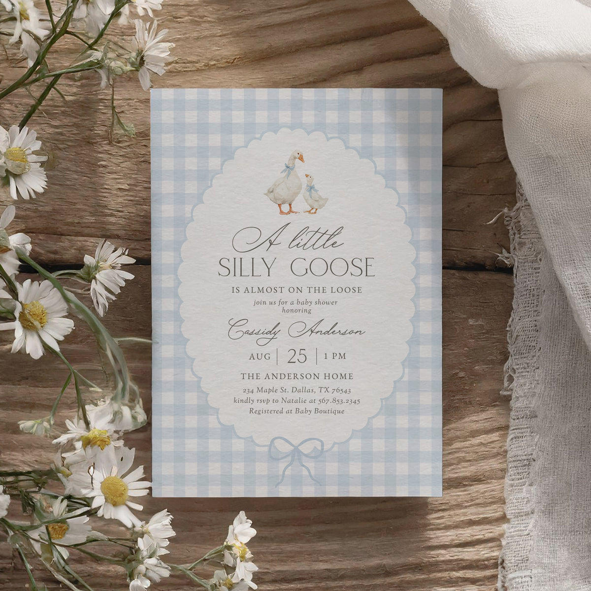 Blue Gingham Goose Baby Shower Invitation