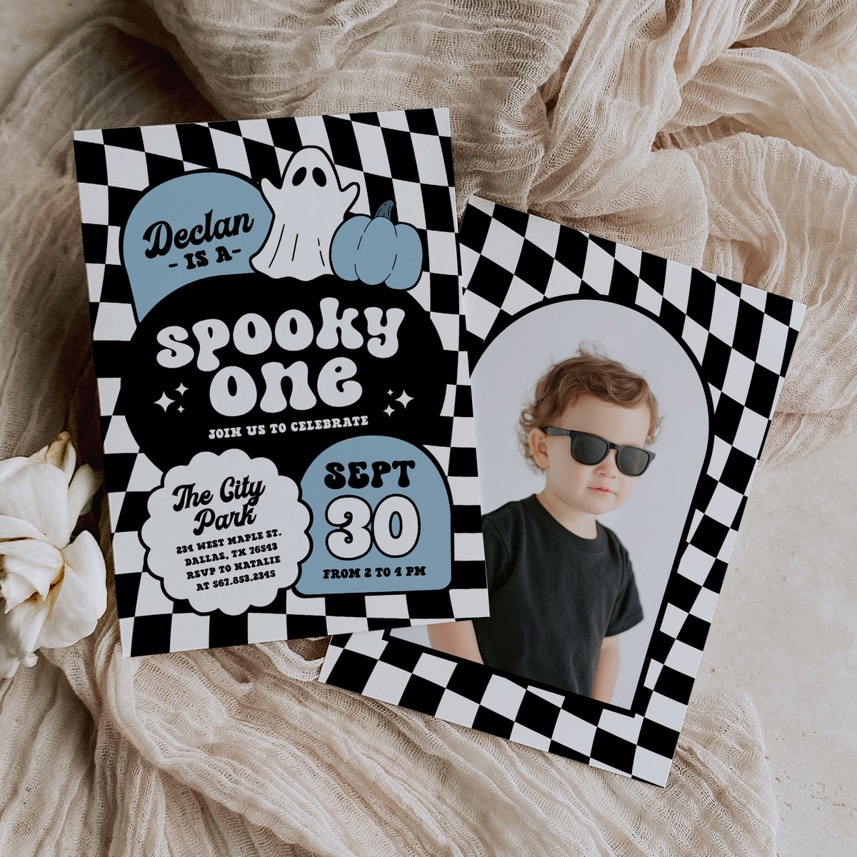 Blue Retro Checker Spooky One Halloween Birthday Invitation