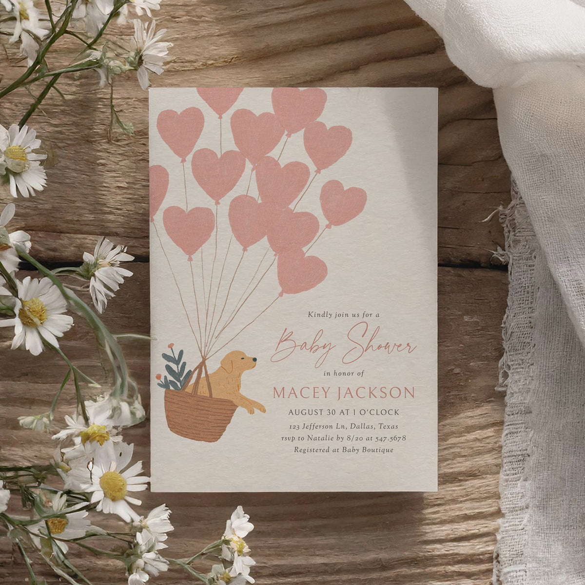 Golden Retriever with Balloons Baby Shower Invitation