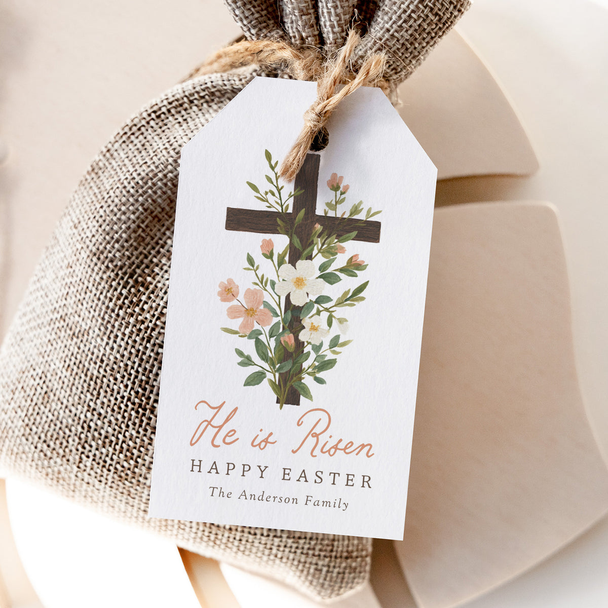 He is Risen Floral Cross Easter Tag
