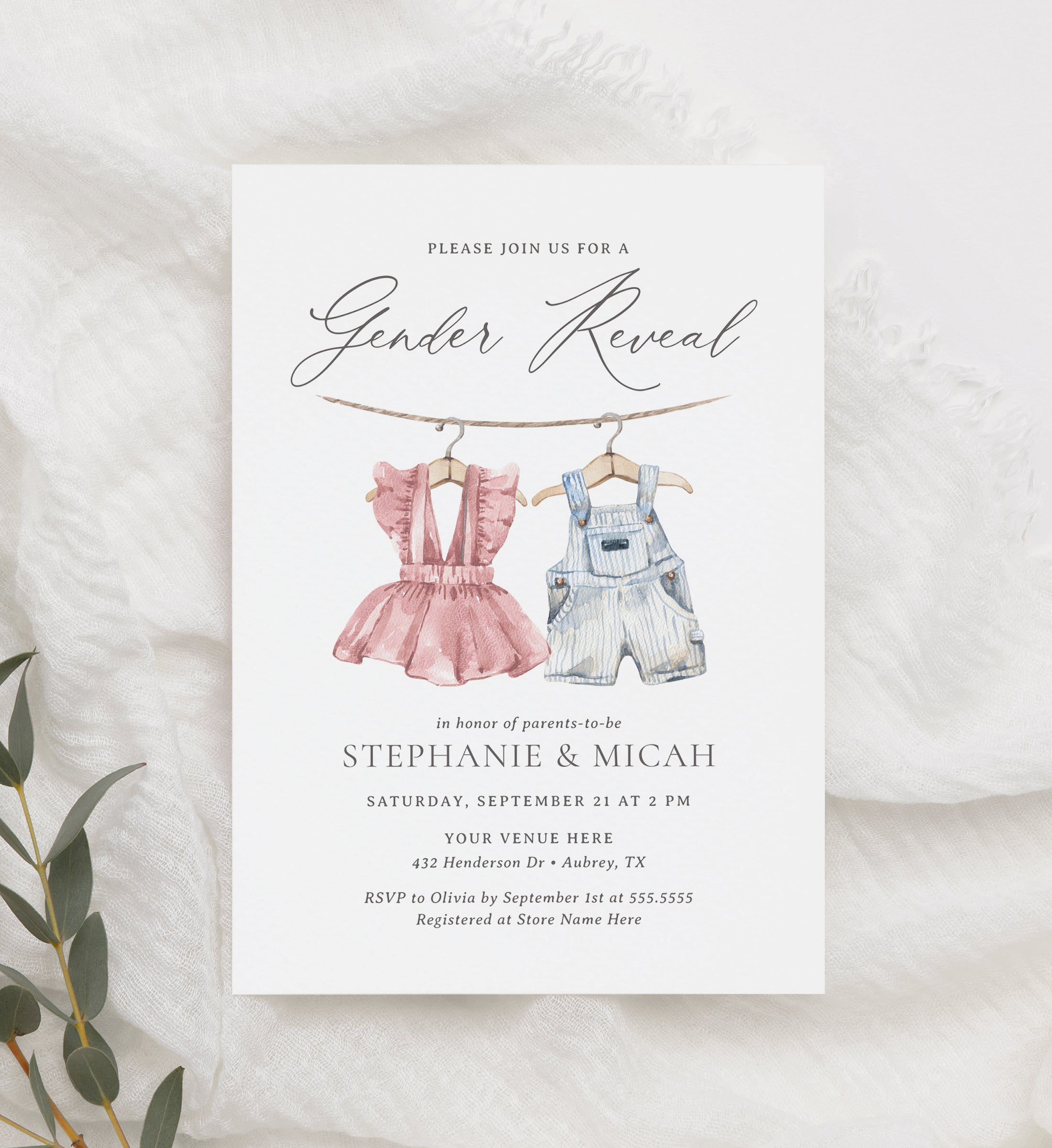 pink and blue dress gender reveal Editable Pink and Blue Baby Clothes Gender Reveal Invitation Template