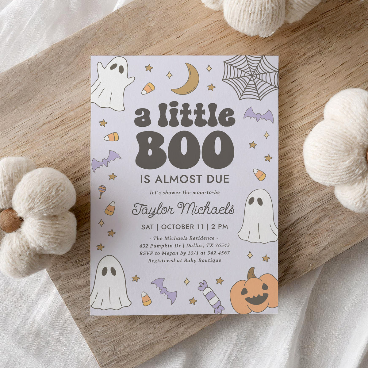 Little Boo Retro Baby Shower Invitation Template (Purple)