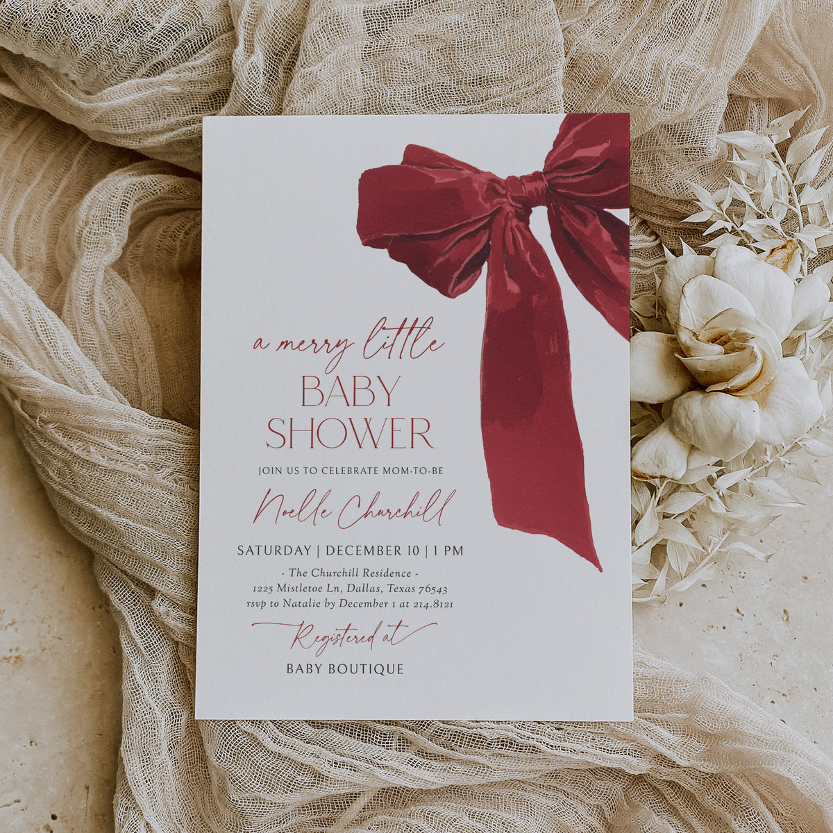 Red Christmas Bow Baby Shower Invitation