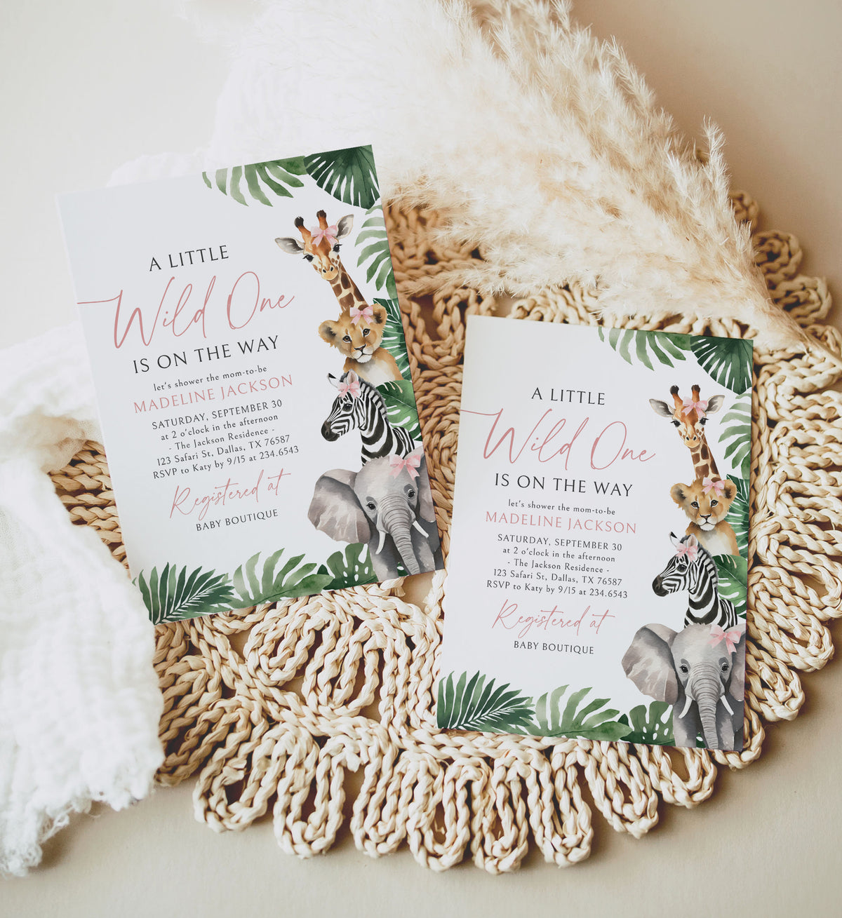 Pink Wild One Safari Baby Shower Invitation