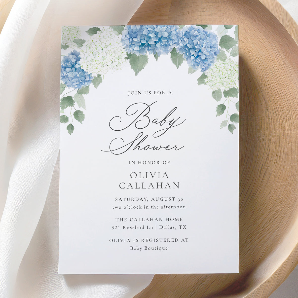 Blue Hydrangea Baby Shower Invitation