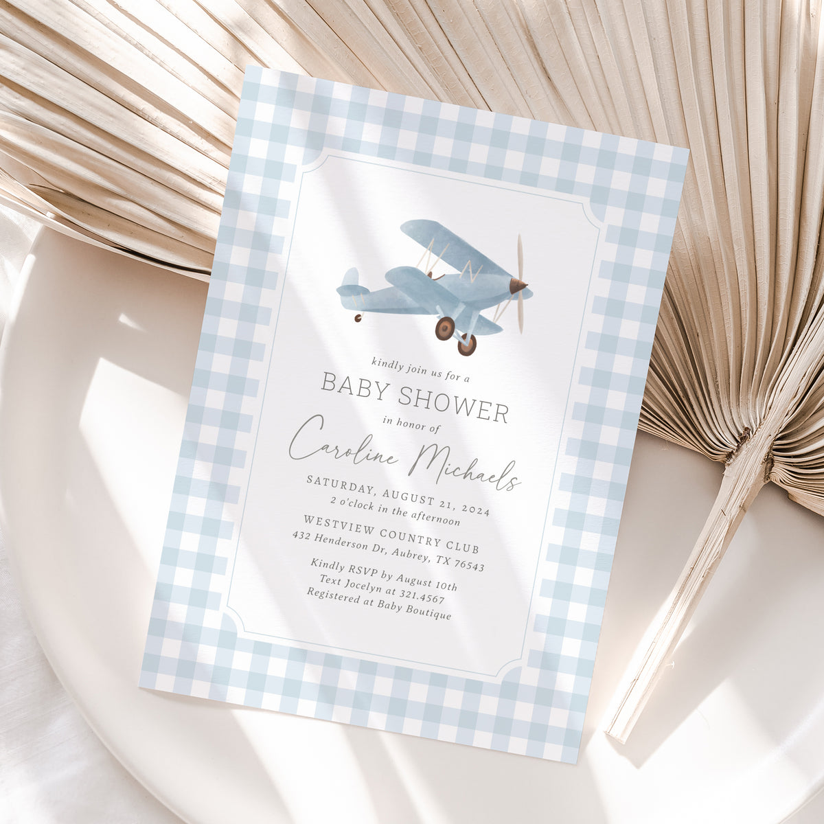 Blue Gingham Airplane Baby Shower Invitation
