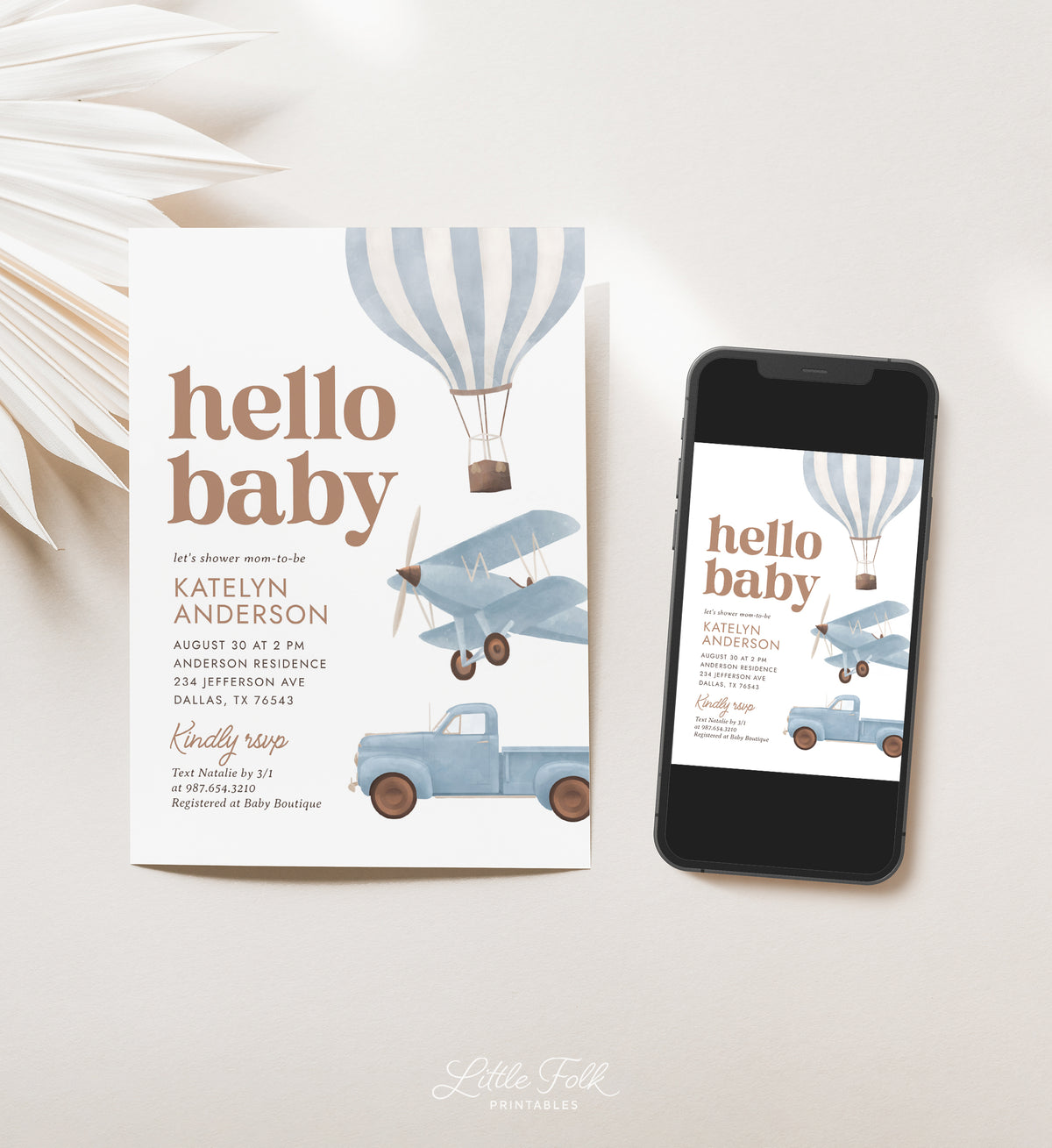 Blue Travel Baby Shower Invitation (Balloon, Plane, Truck)