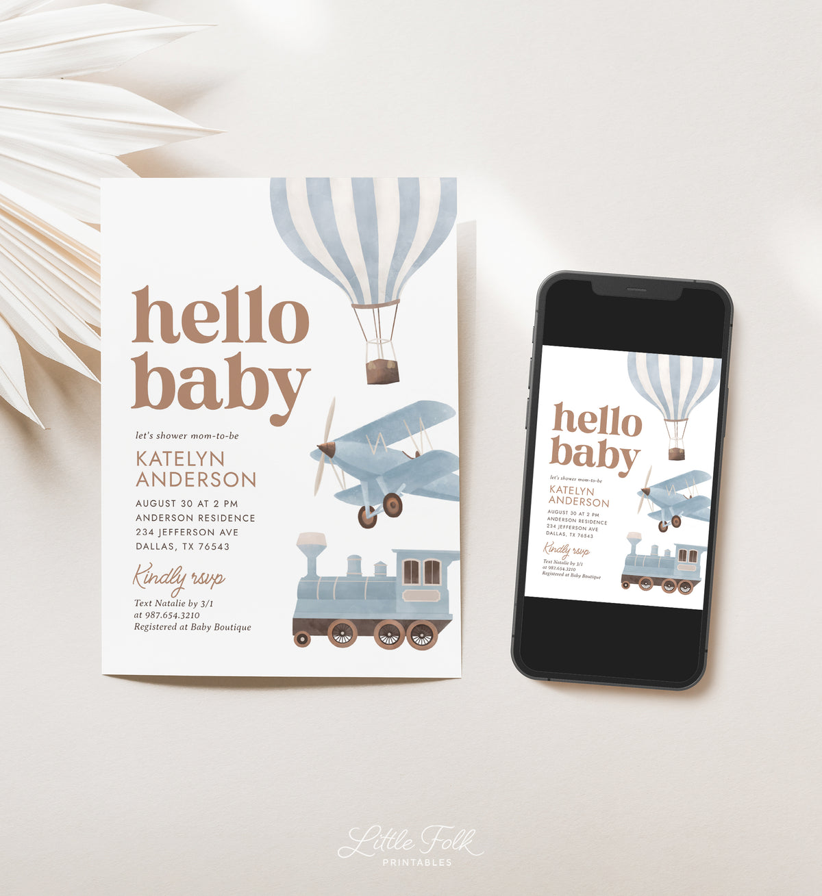 Blue Travel Baby Shower Invitation (Balloon, Plane, Train)