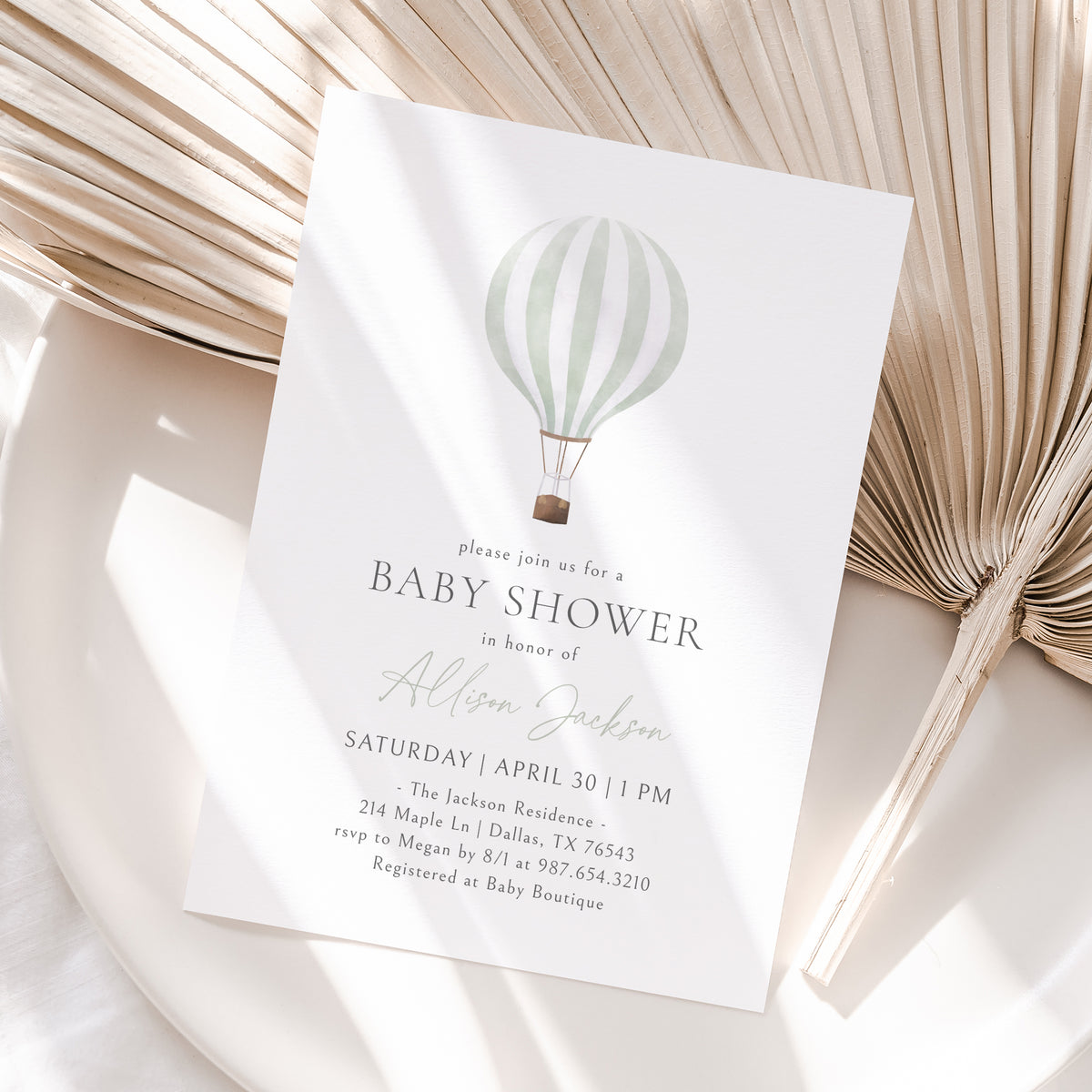 Minimalist Sage Green Hot Air Balloon Baby Shower Invitation