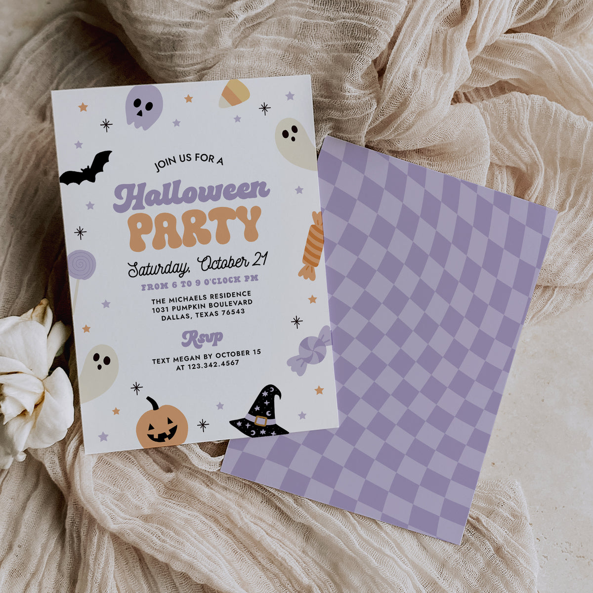 Purple and Orange Retro Halloween Party Invitation