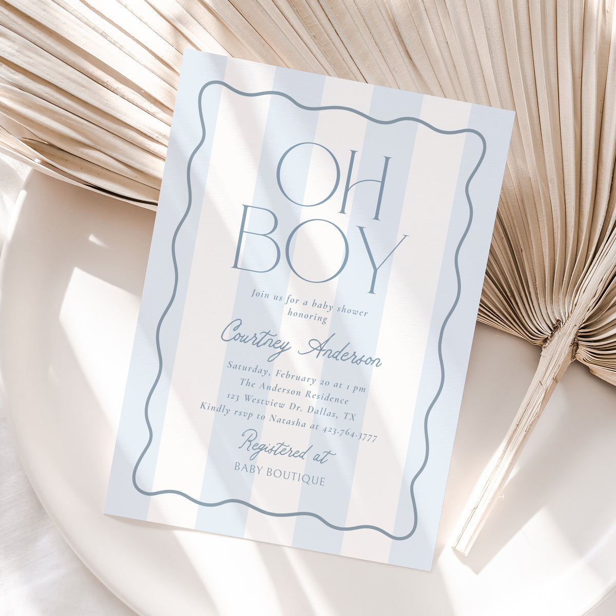Modern Blue Stripe Baby Shower Invitation