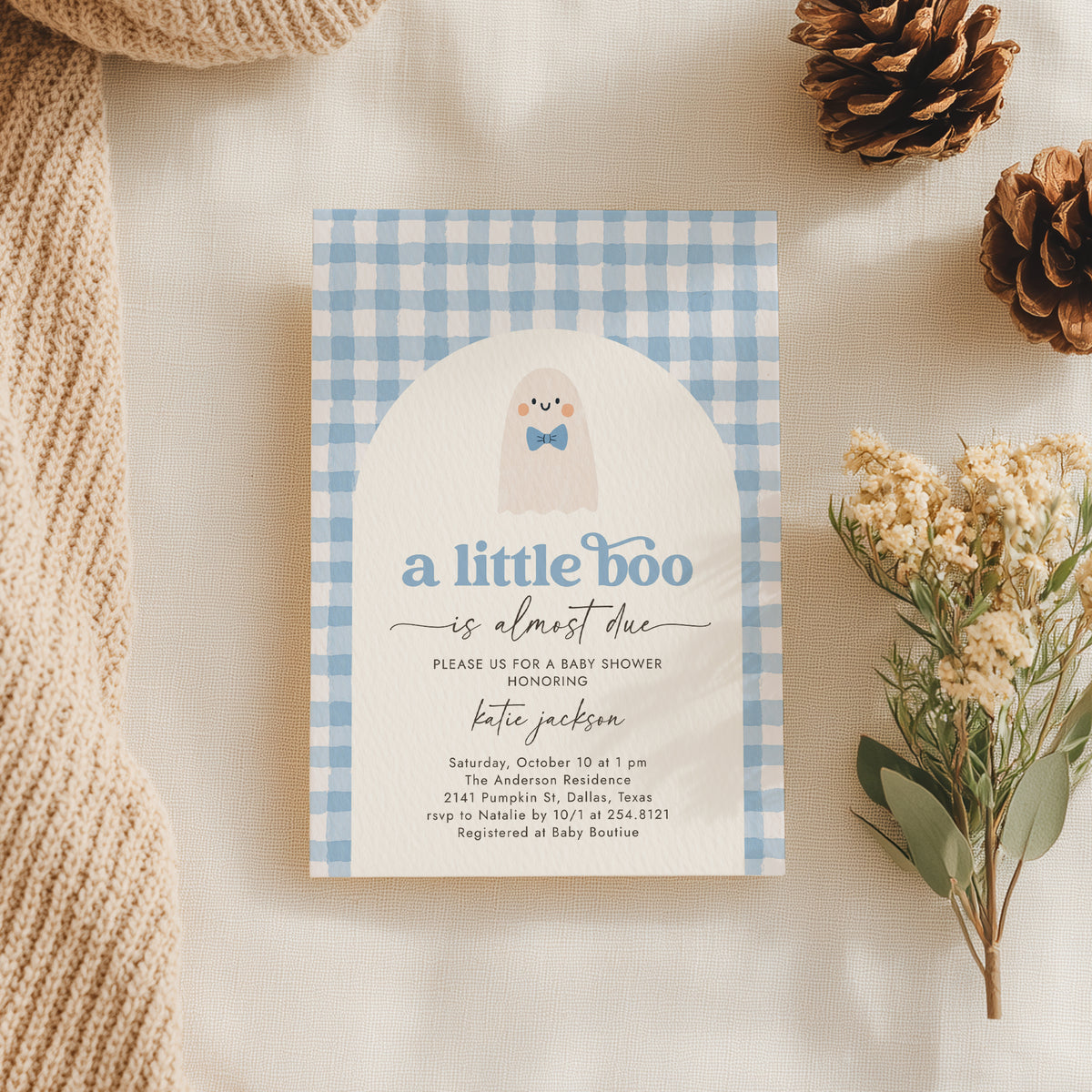 Little Boo Blue Gingham Baby Shower Invitation